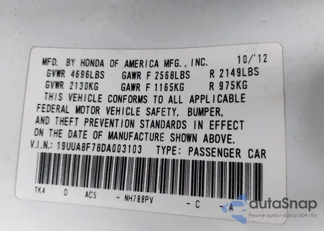 2013 Acura Tl 3.5 from USA, damaged, VIN 19UUA8F78DA003103